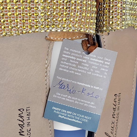 🆕 Boho Luxe Crystal Slides Deux Mains Handmade Haiti 100% Leather Eco Sandals - Picture 10 of 14